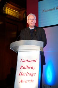 Waterman OBE addresses the audience at the award ceremony for the 2010 National Railway Heritage Awards on 1 December 2010